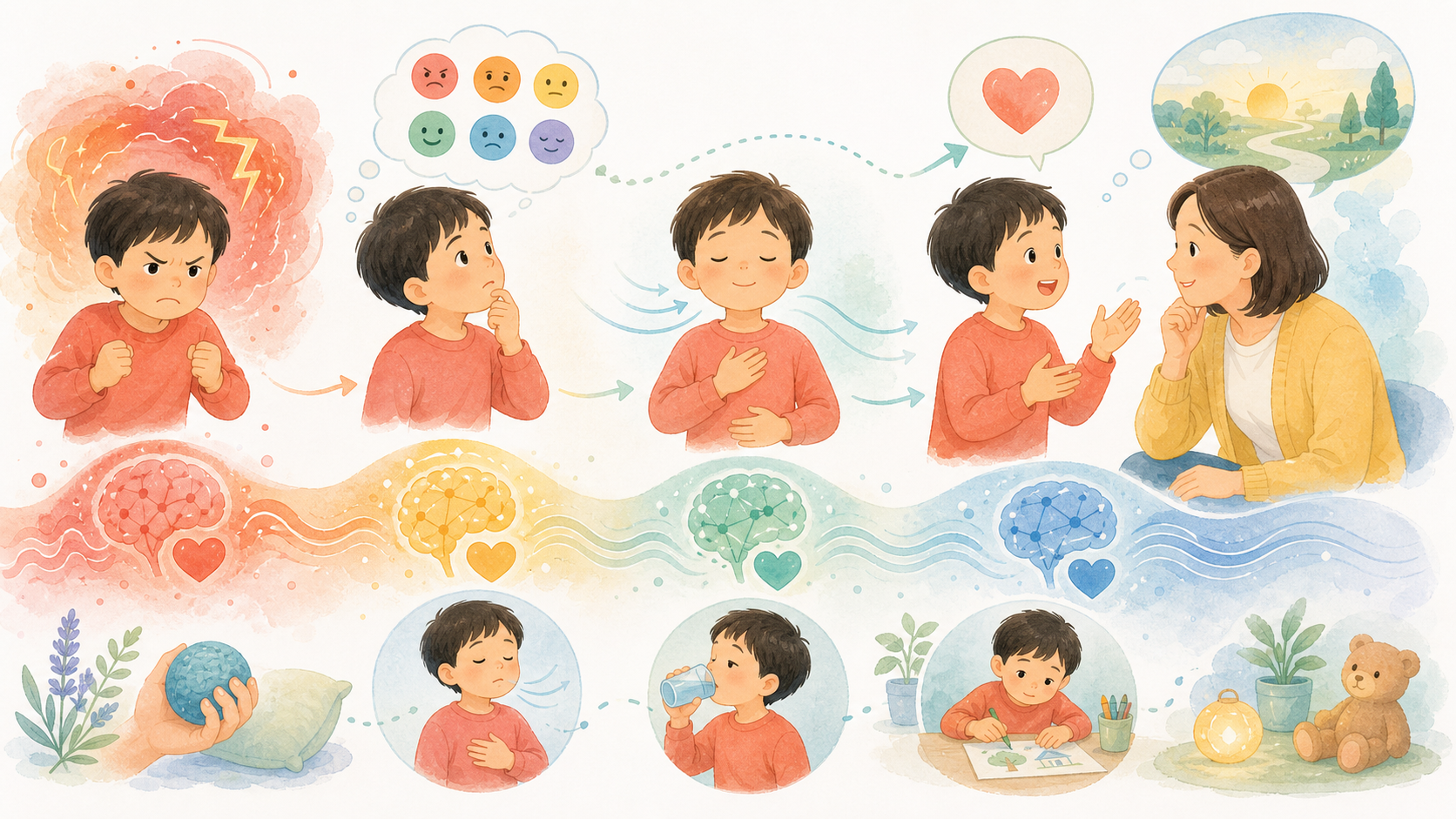 子どもが感情の波に気づき、呼吸や言葉で感情調整していく様子を表したイラスト