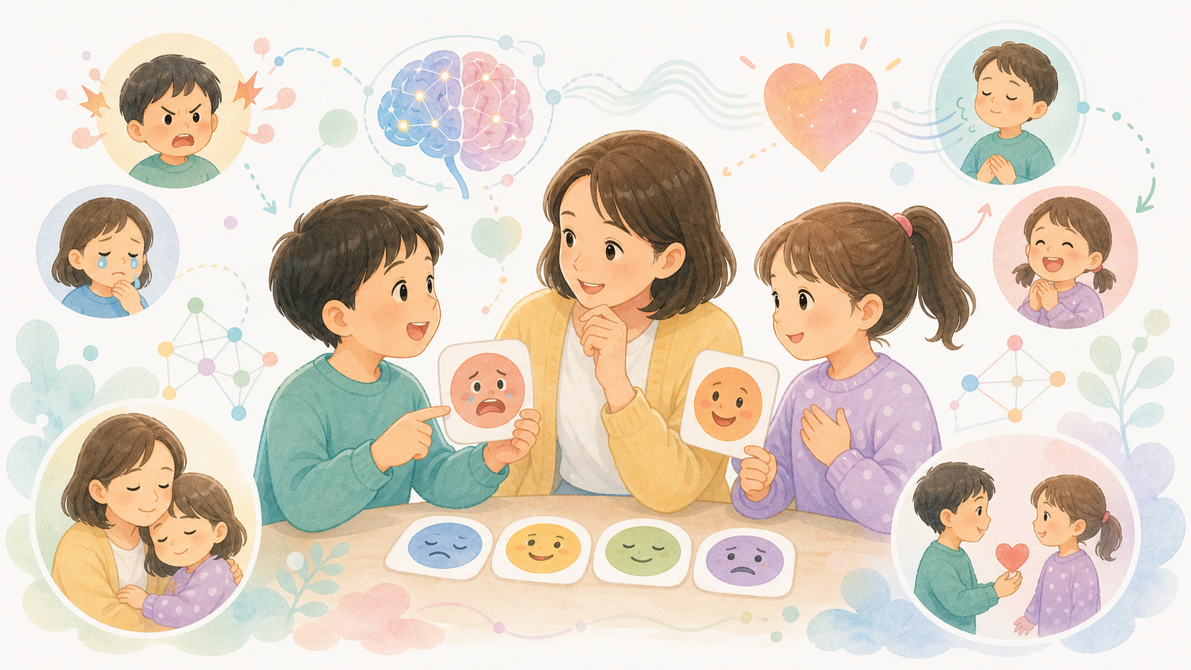 子どもが自分と相手の感情を理解し、情動知能を使って関わる様子を表したイラスト