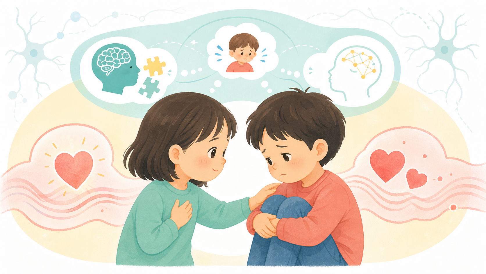 相手の気持ちを理解し、感じ取る共感の働きを、子ども同士のやり取りと科学図解で表したイラスト