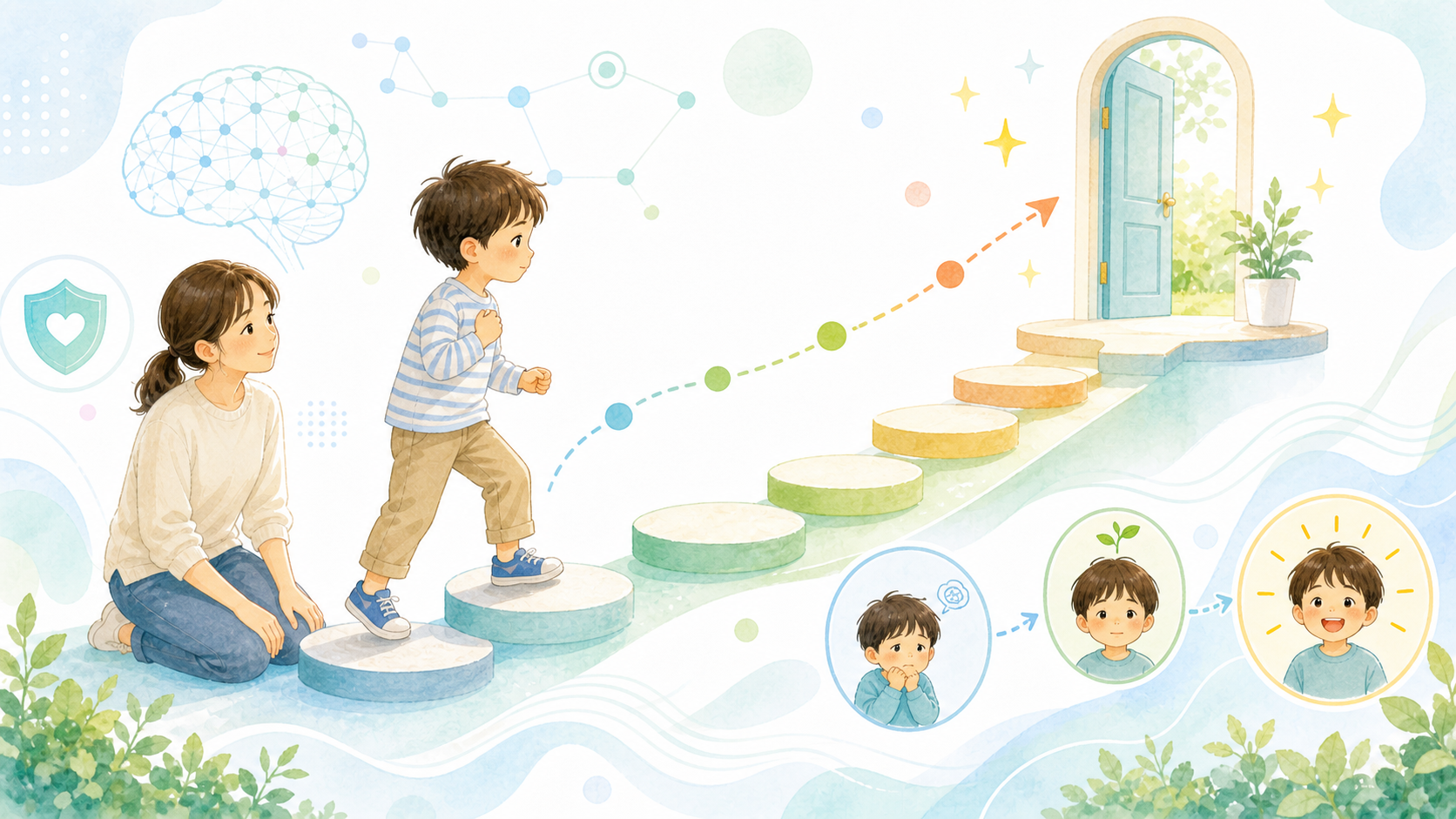 不安なものに小さな段階で近づき、子どもが少しずつ慣れていく過程を表したイラスト