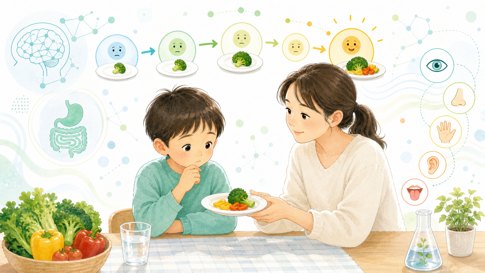 新しい野菜を慎重に見る子どもと、くり返しの経験で慣れていく過程を表したイラスト