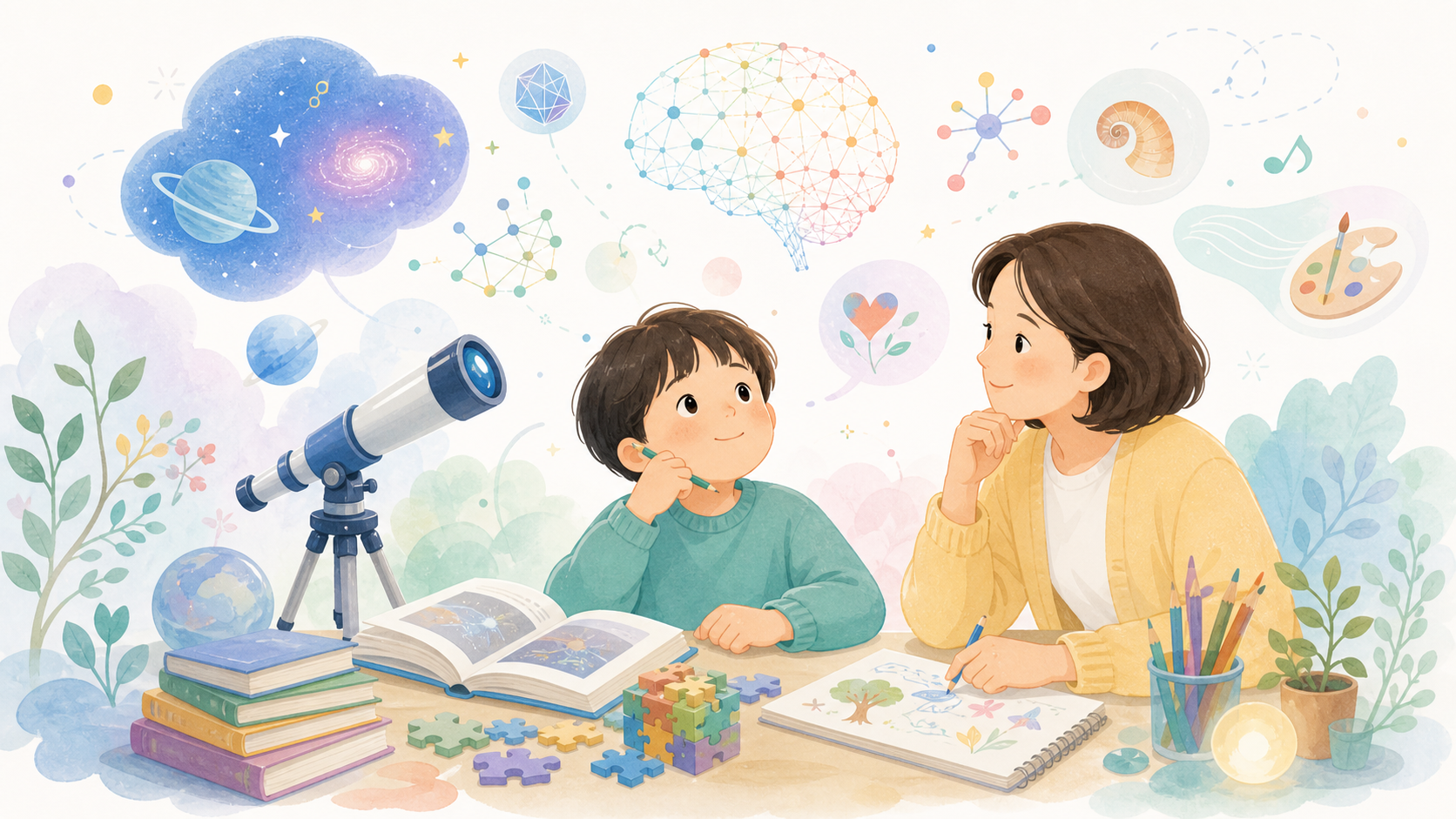 子どもの深い好奇心や高い能力と、適切な挑戦や支援の必要性を表したイラスト