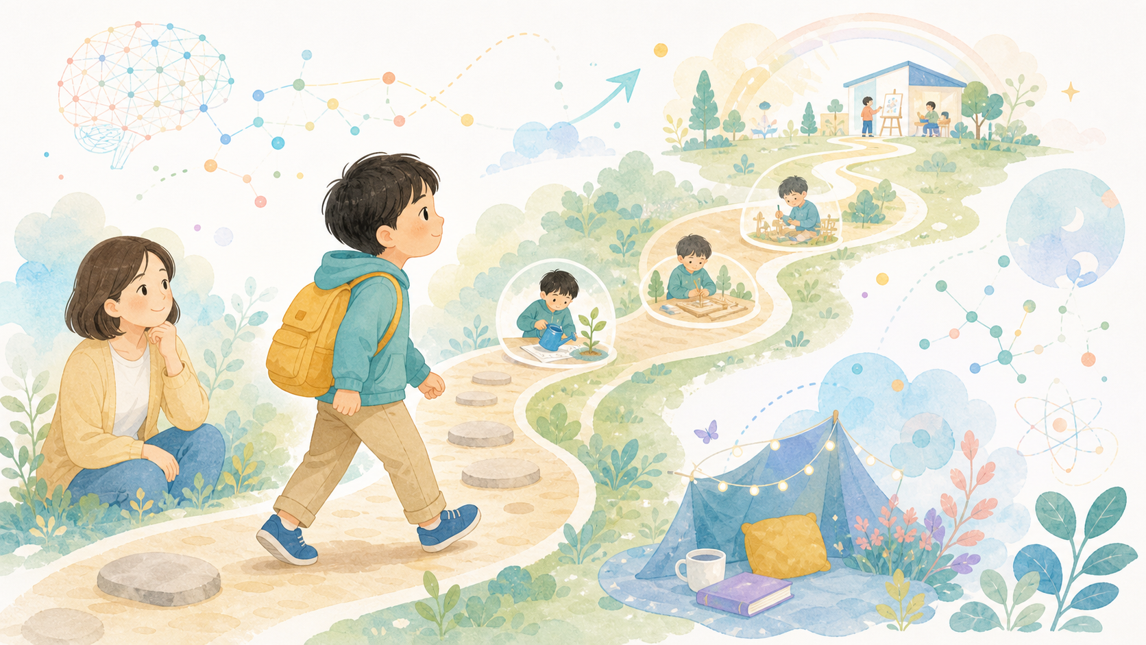 子どもが長い道のりを小さな一歩で進み、やり抜く力を育てる様子を表したイラスト