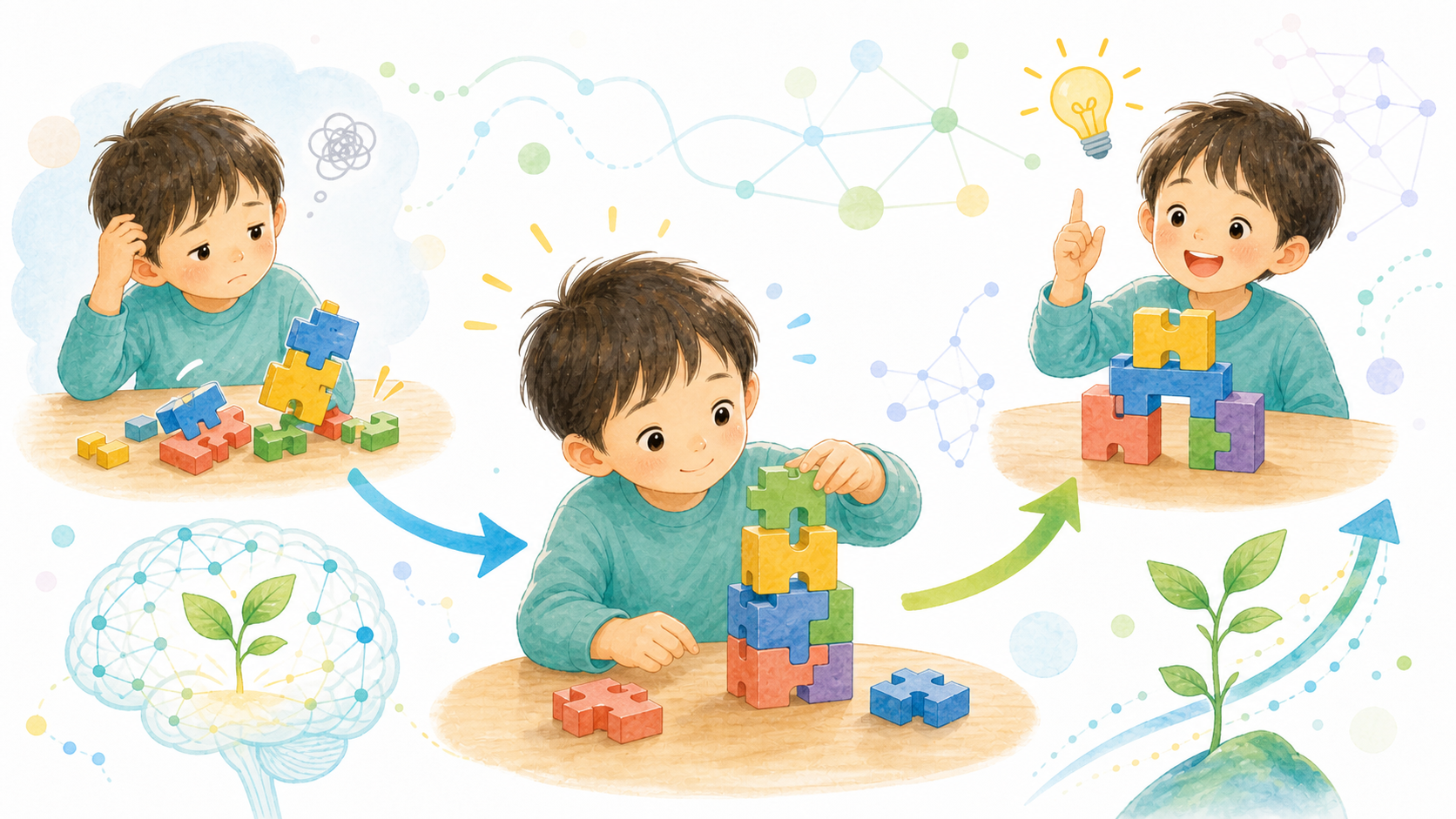 子どもが失敗から工夫して挑戦し、脳と成長のモチーフが広がるイラスト