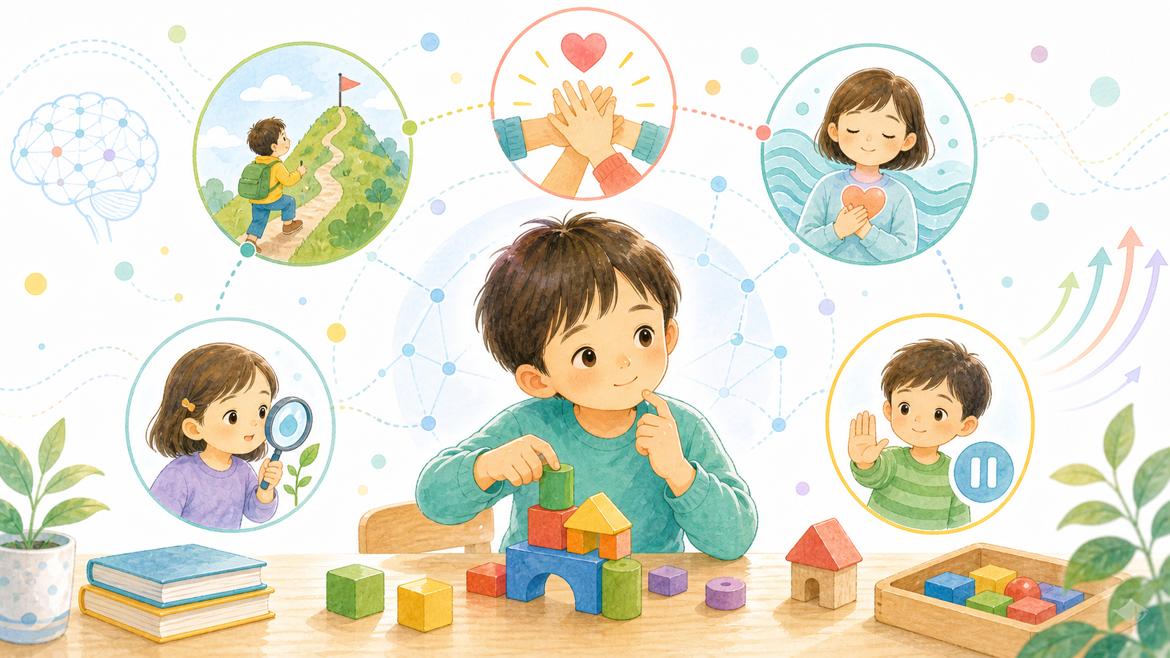 子どもの粘り強さや協力、感情調整などの非認知能力を星座のように表したイラスト