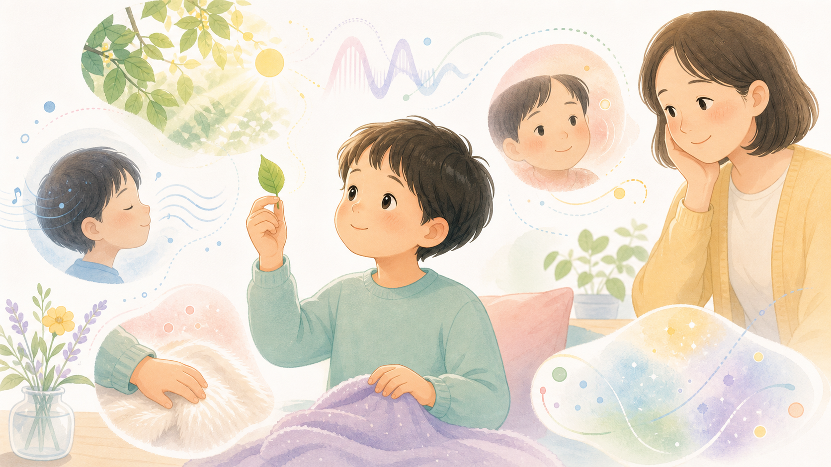 子どもが光や音、感情などの繊細な刺激を深く受け取る感覚処理感受性を表したイラスト