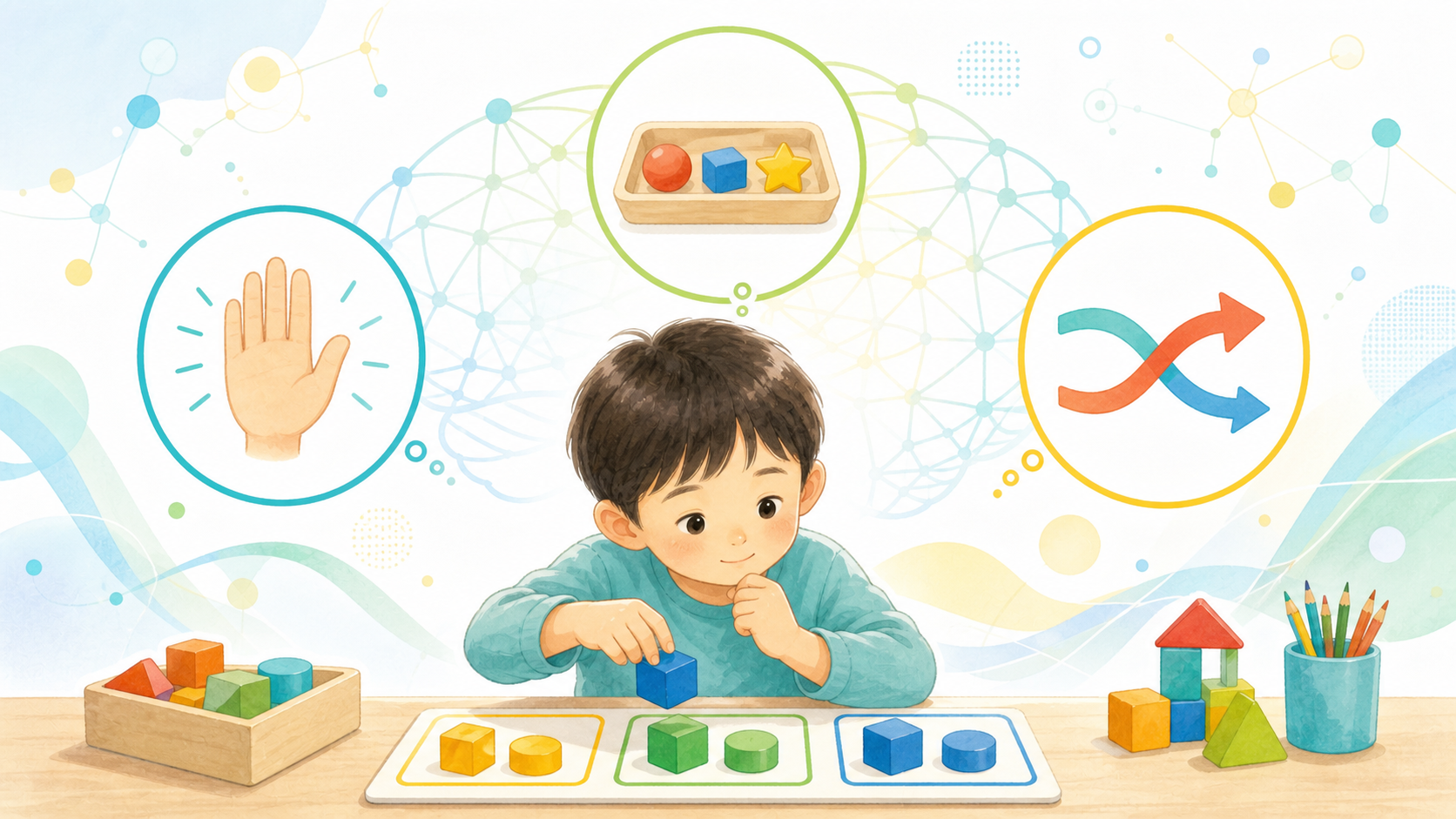 子どもが計画を立てながらブロックを並べ、実行機能の3つの働きを科学的に表したイラスト