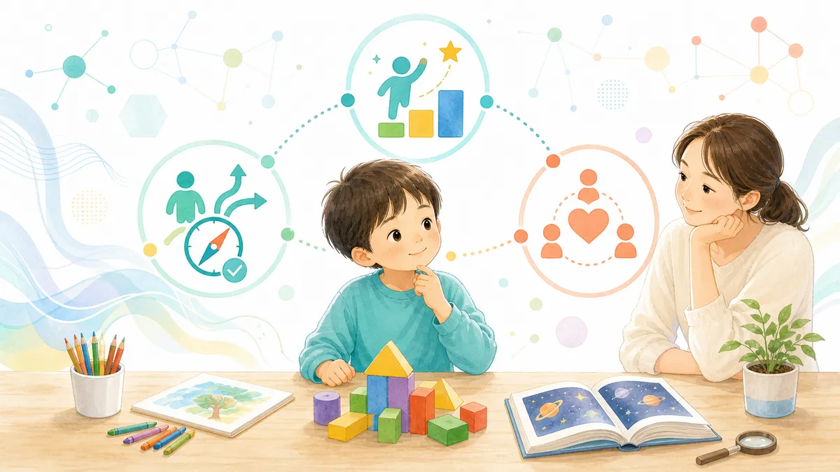 子どもが自分で活動を選び、自律性・有能感・関係性を科学的な図で表したイラスト