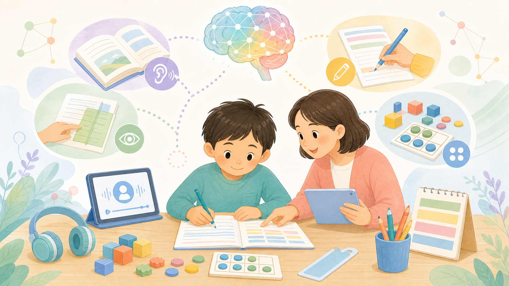 読み書きや計算などの学び方の違いに合わせて、支援ツールで学ぶ子どもを表したイラスト
