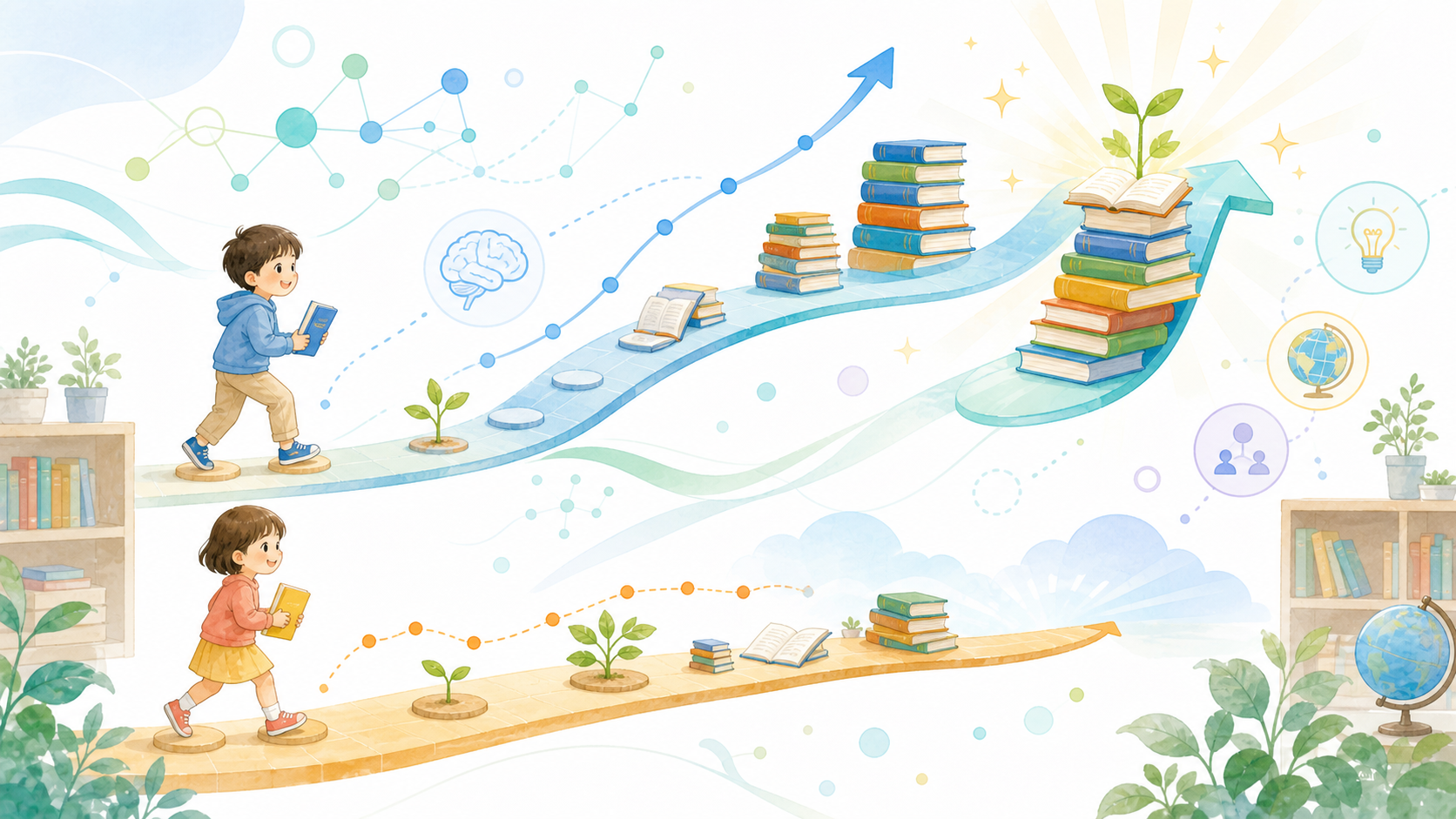 読書や学びの小さな差が成長曲線のように広がる、マタイ効果を表したイラスト