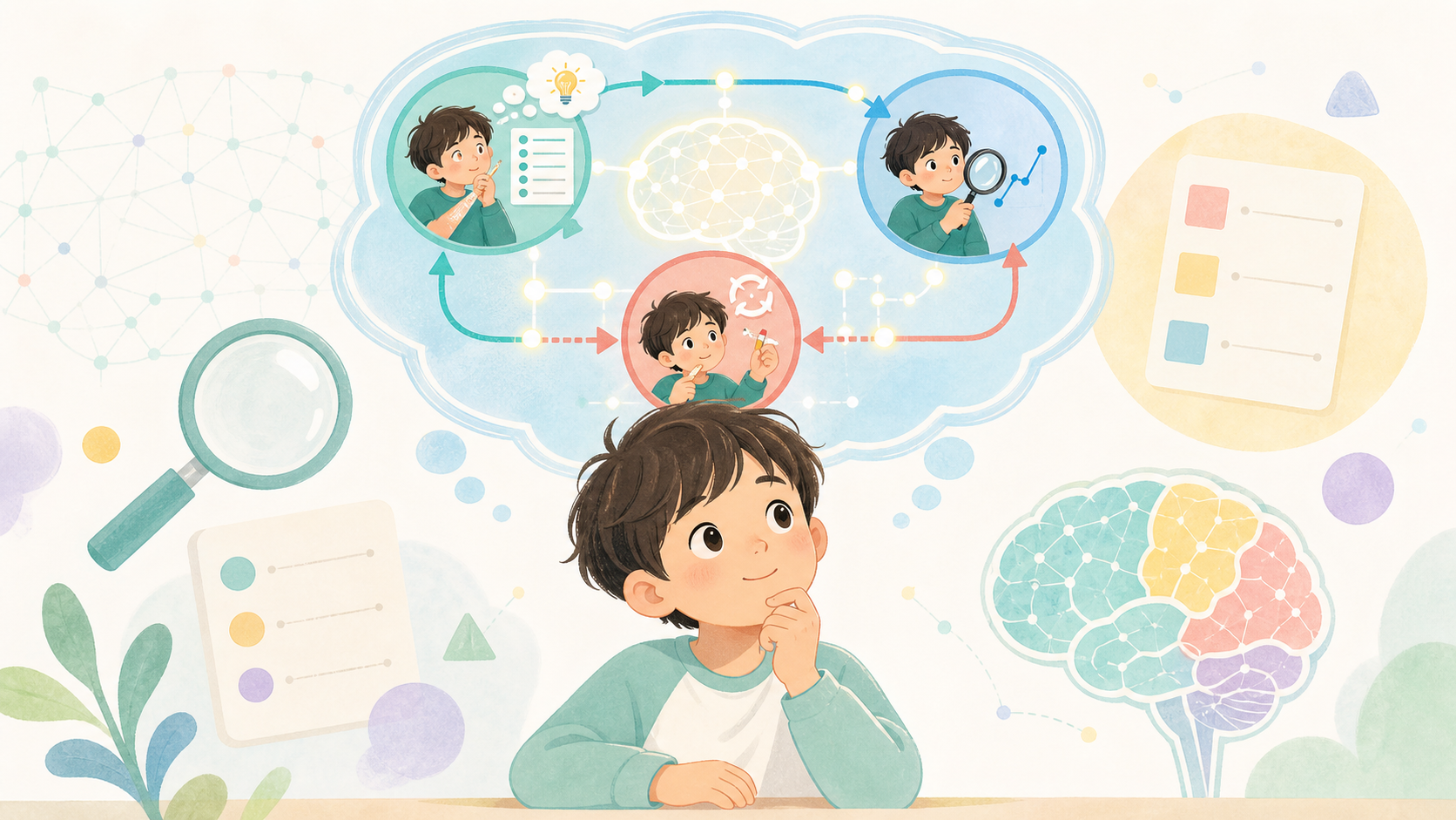子どもが自分の考えを見つめ直し、メタ認知で学び方を調整する様子を表したイラスト