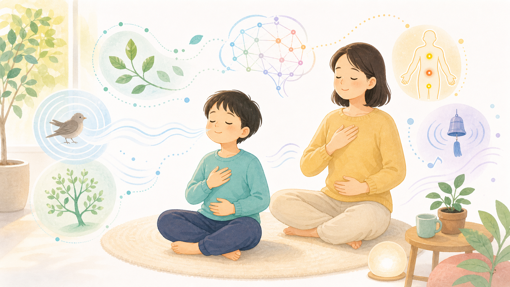 子どもが呼吸や体の感覚に気づき、今この瞬間に注意を向けるマインドフルネスを表したイラスト