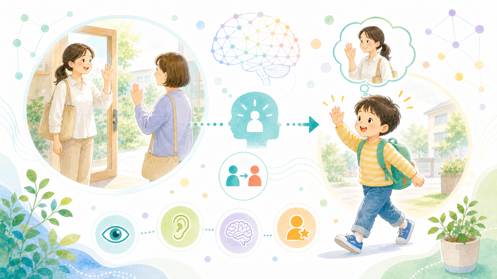 子どもが保護者の行動を見てまねる、観察学習のしくみを表したイラスト