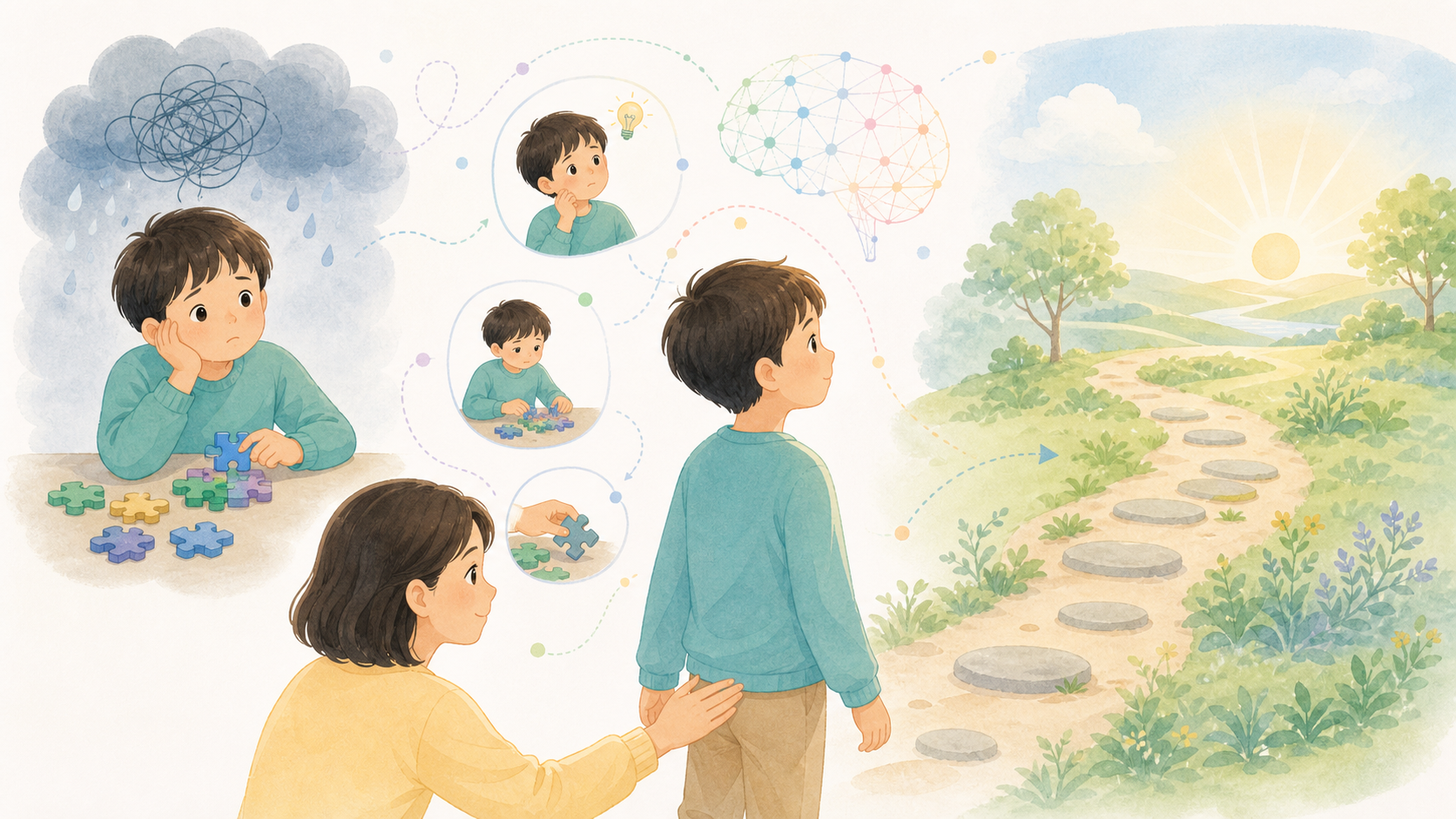 子どもが困難の先に明るい見通しを持ち、楽観性を支えに進む様子を表したイラスト