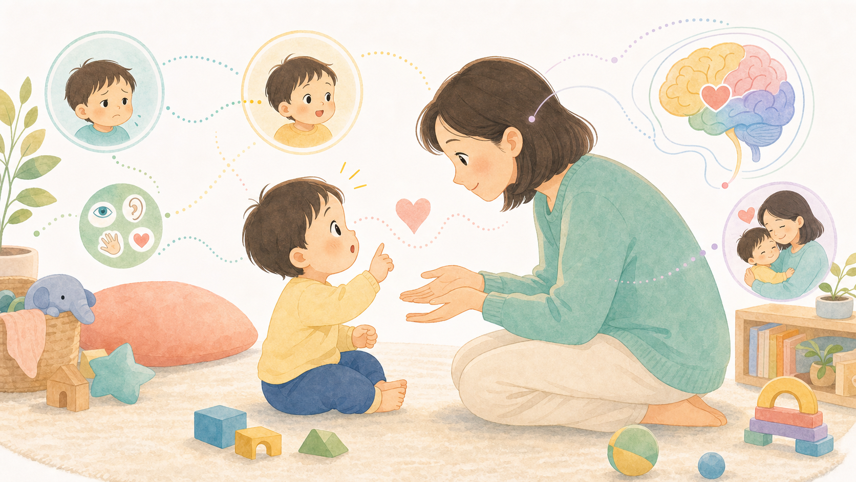 養育者が子どもの小さなサインに気づき、やさしく応答する様子を表したイラスト
