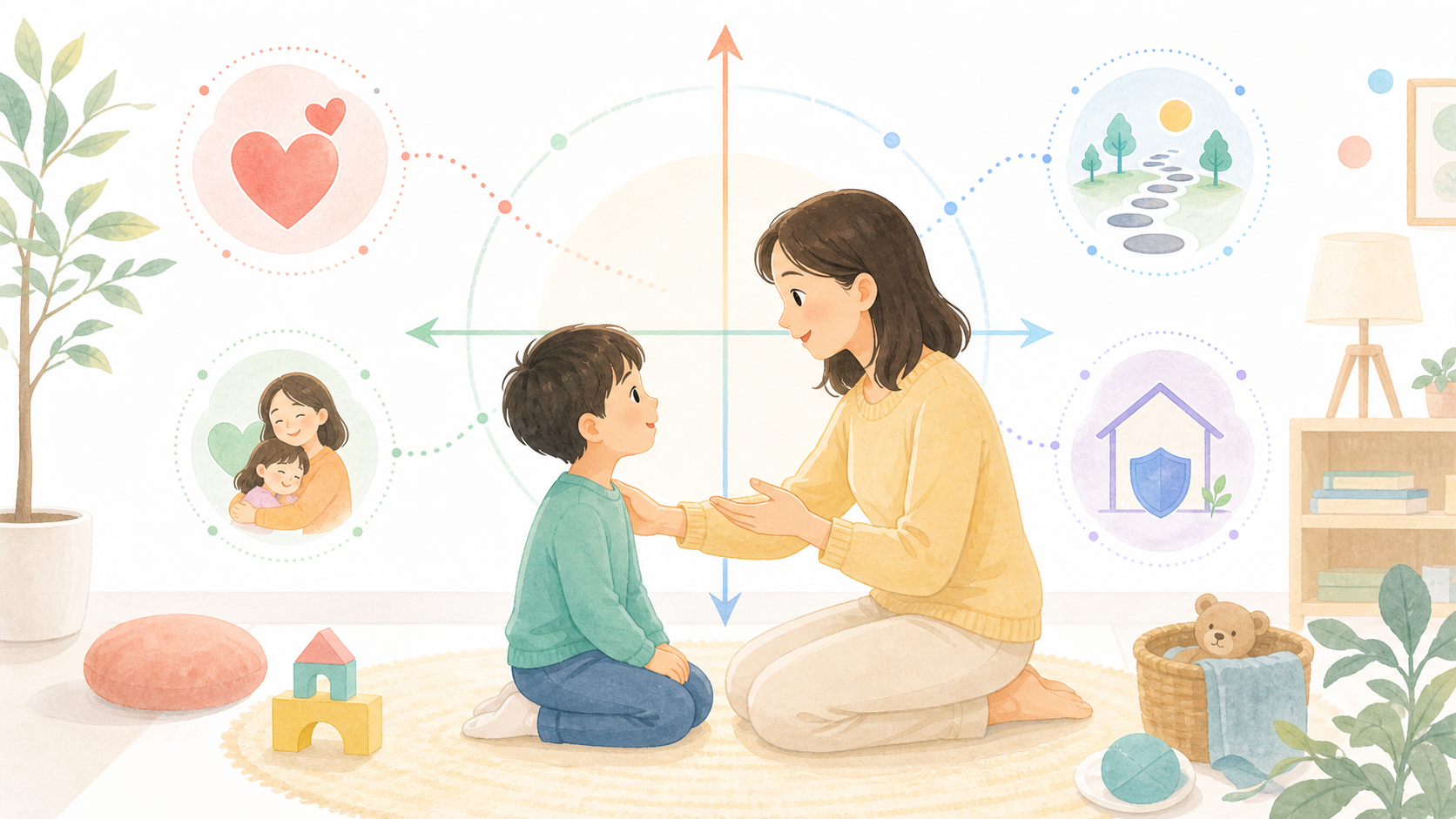親子のあたたかさとルールのバランスを、養育スタイルとして明るく表したイラスト