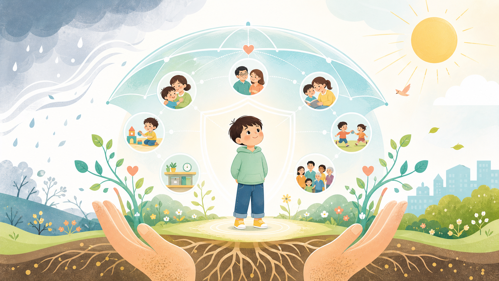 子どもを支える関係や環境が保護因子として働く様子を、明るい科学図解で表したイラスト