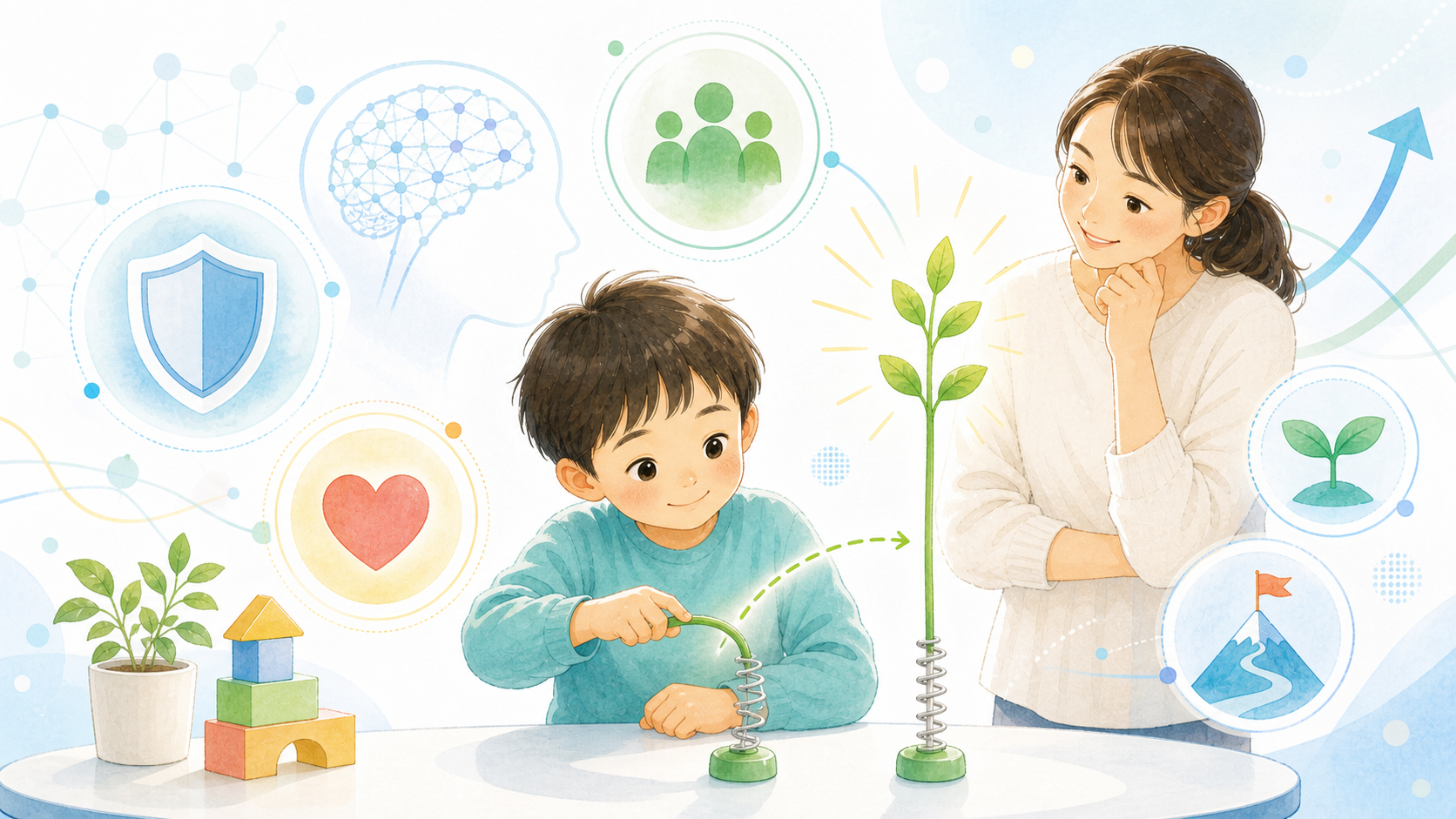 しなやかに戻る植物と子どもを通して、レジリエンスと保護因子を明るく表したイラスト