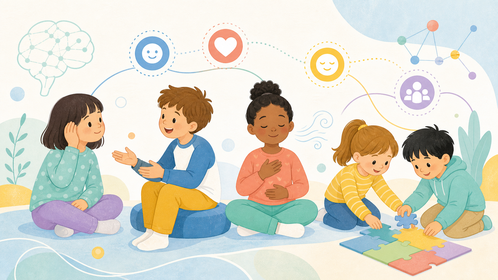 子どもたちが感情調整や協力、聞く力を学ぶSELを明るい科学図解で表したイラスト