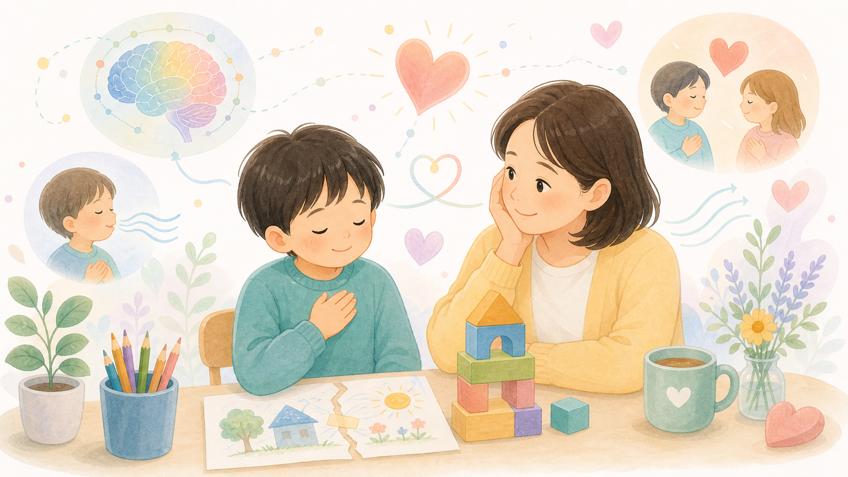 子どもが失敗した自分をやさしく受け止め、セルフ・コンパッションを育てる様子を表したイラスト
