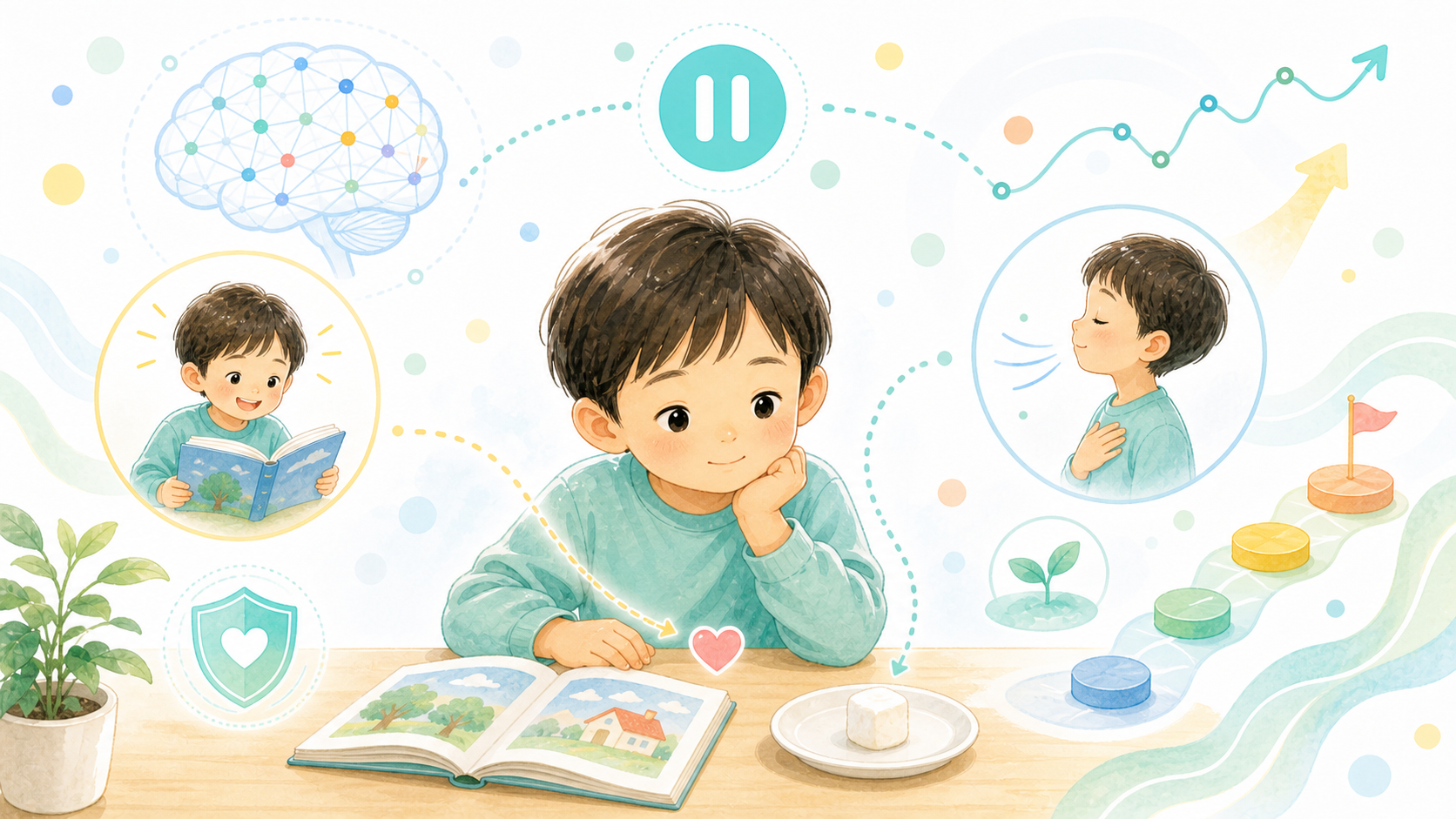 子どもが目の前のおやつを待ちながら、自制心を使って落ち着いている様子を表したイラスト