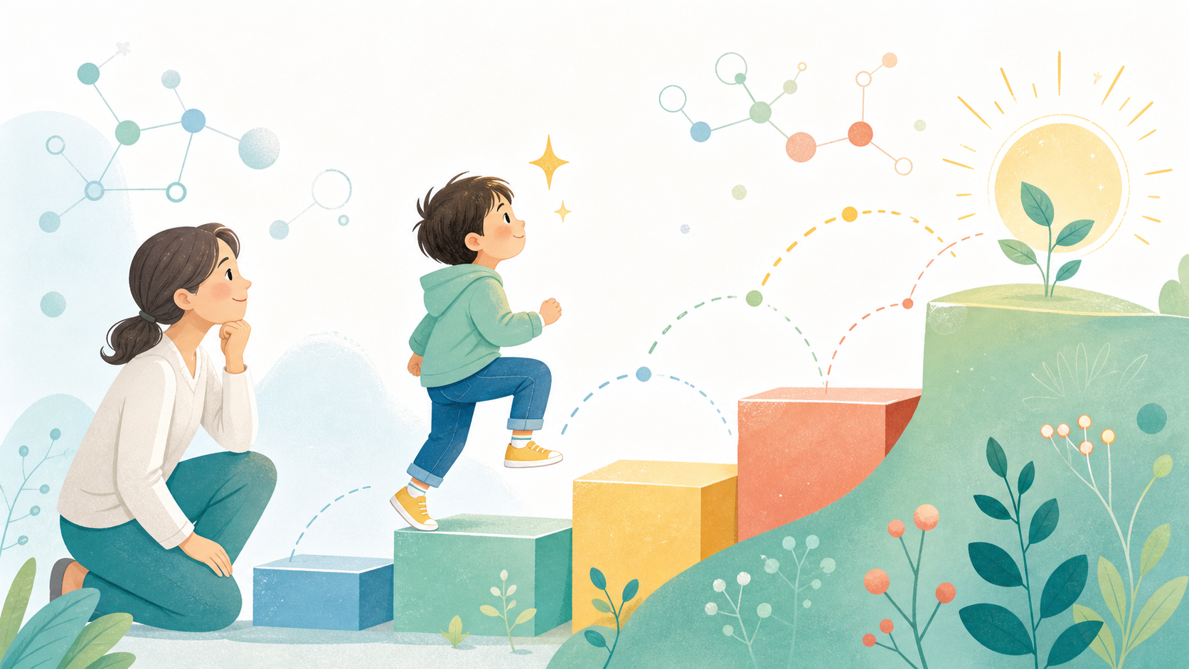 子どもが小さな成功を積み重ね、自己効力感を育てていく様子を表したイラスト