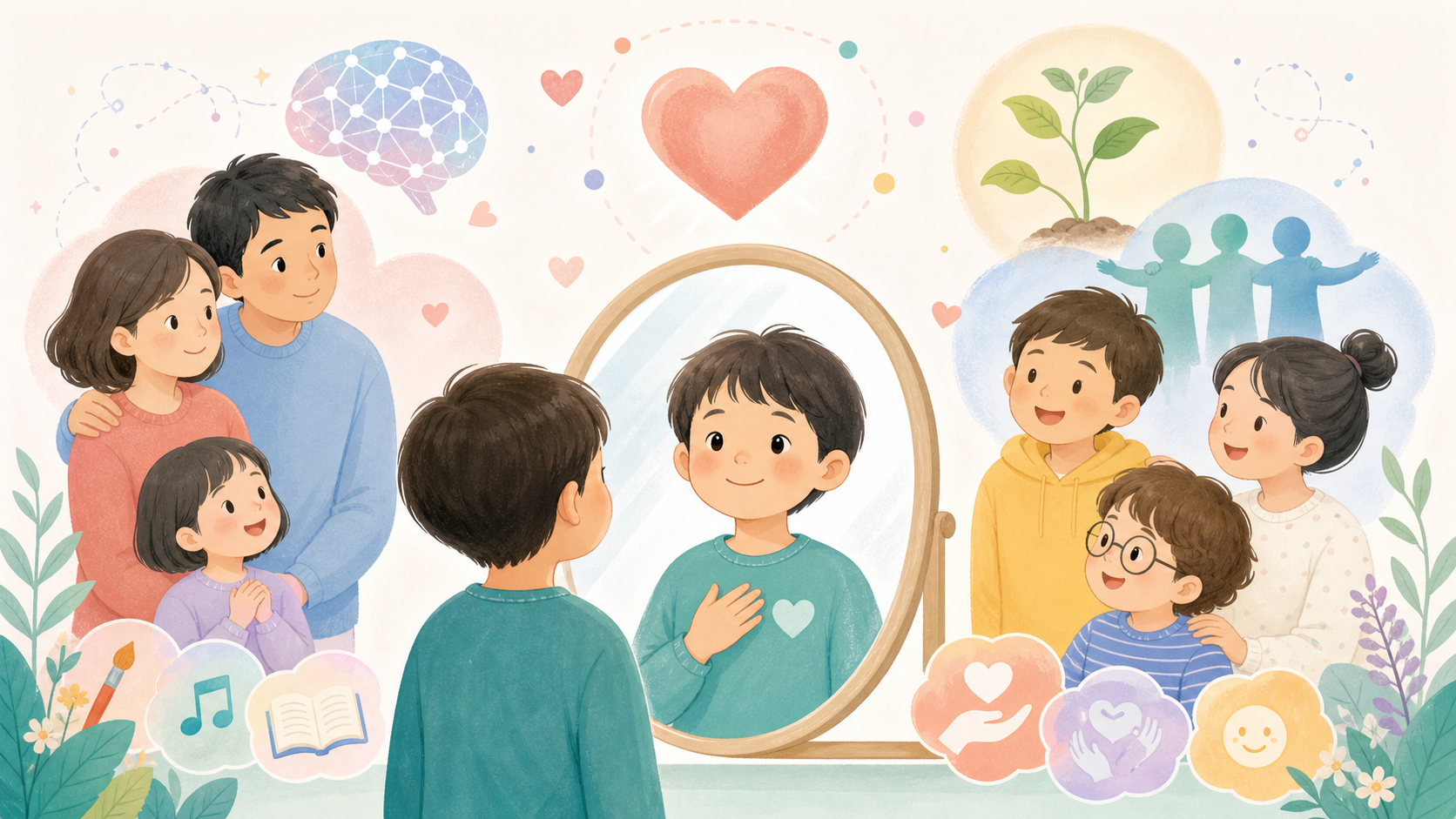 子どもがありのままの自分を受け止め、自己肯定感を育てていく様子を表したイラスト