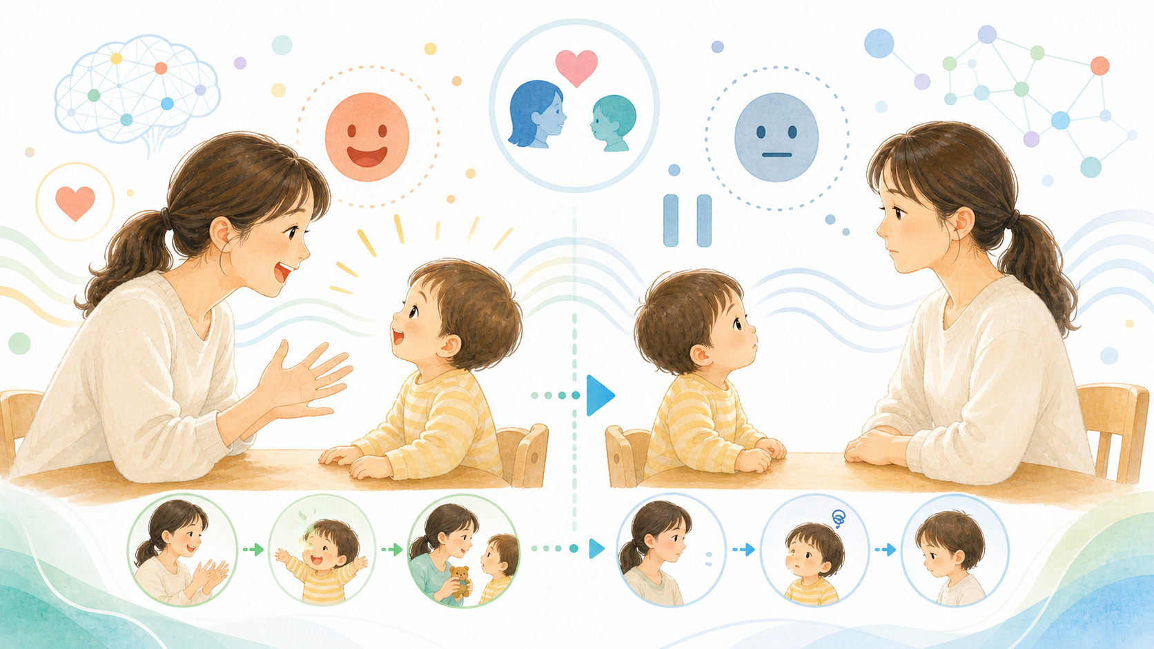 親子の応答的な関わりと表情の変化を、スティルフェイス実験としてやさしく表したイラスト