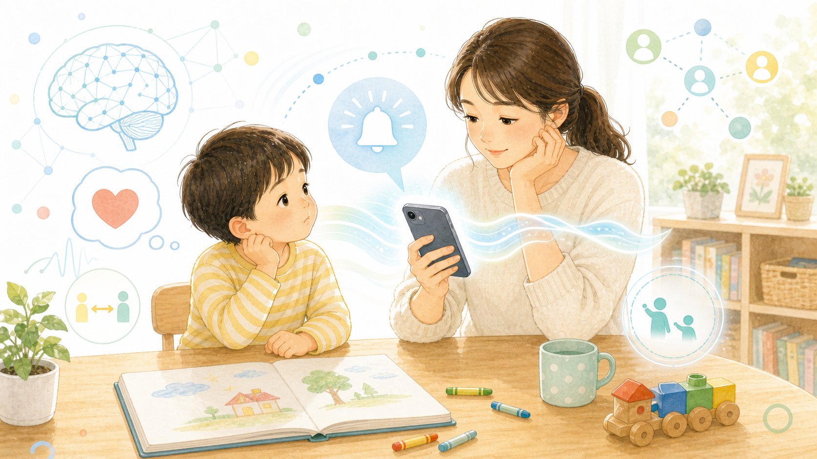親子の関わりにスマホ通知が割り込む様子を、明るい科学図解として表したイラスト