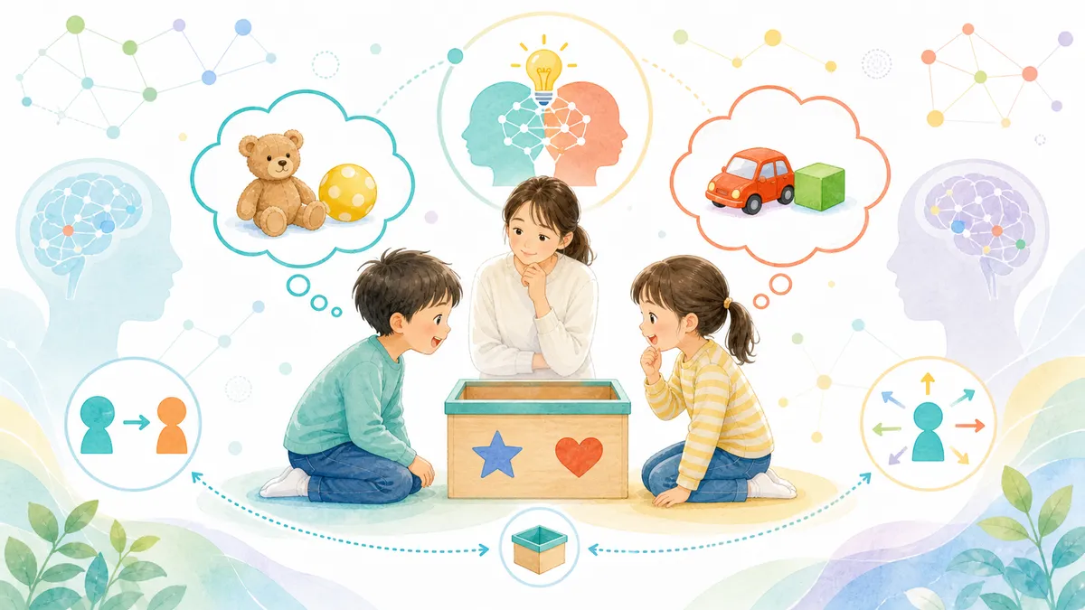 二人の子どもが別々の考えを持つ様子を思考の泡で示した、心の理論のイラスト