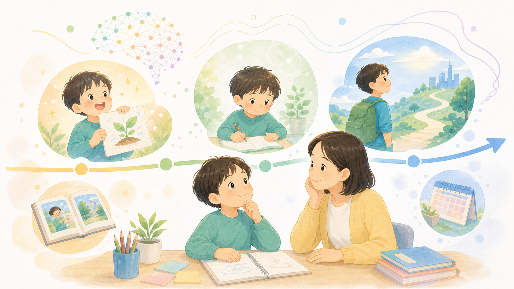 子どもが過去・現在・未来をつなげて考え、時間的展望を育てる様子を表したイラスト