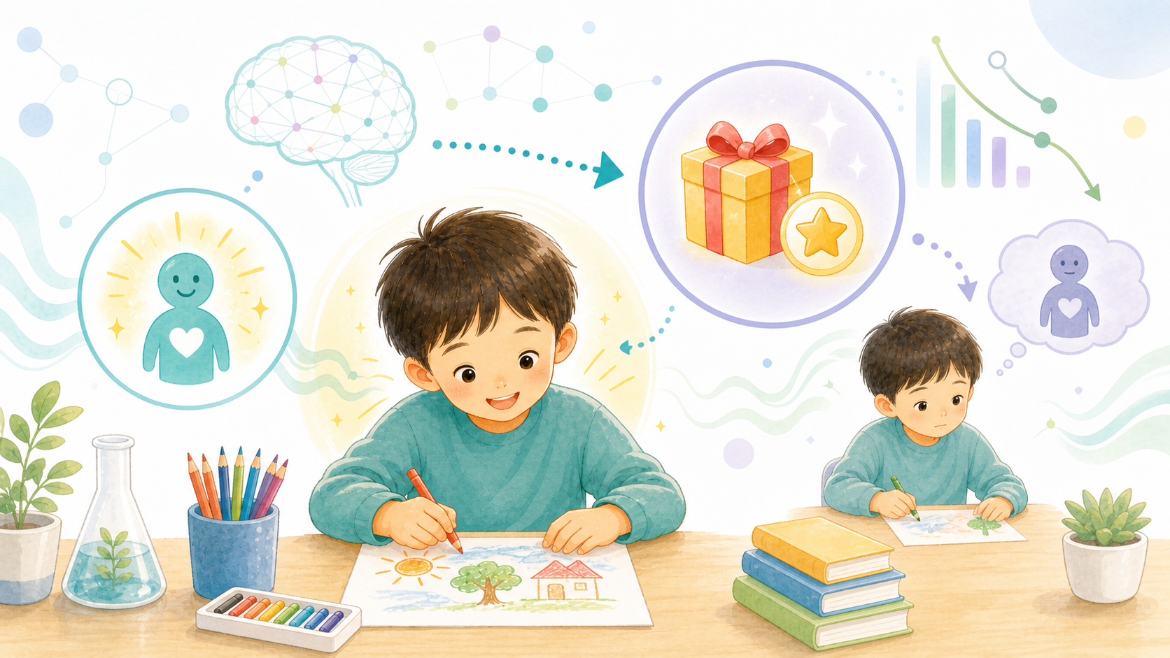 楽しんで絵を描く子どもと外からのごほうびが、やる気の変化として図解されたイラスト