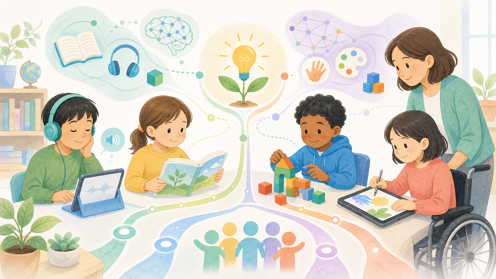 子どもたちが複数の方法で学びに参加するユニバーサルデザイン学習を表したイラスト