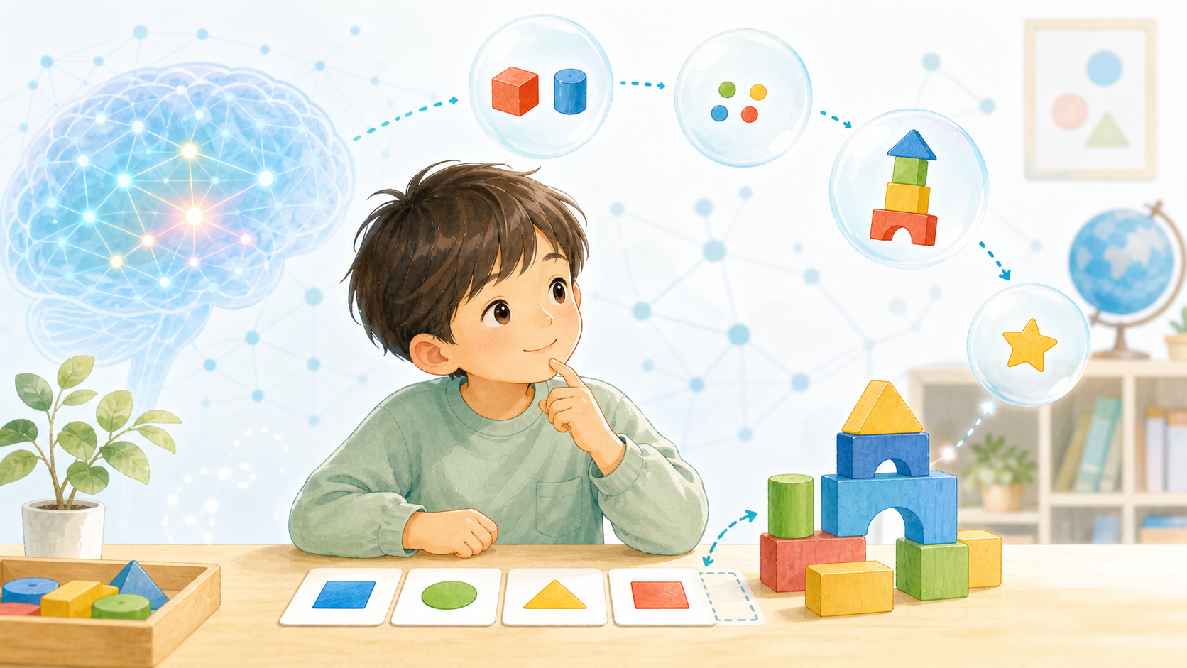 子どもが形や順番を頭に保ちながら考える、ワーキングメモリを科学的に表したイラスト